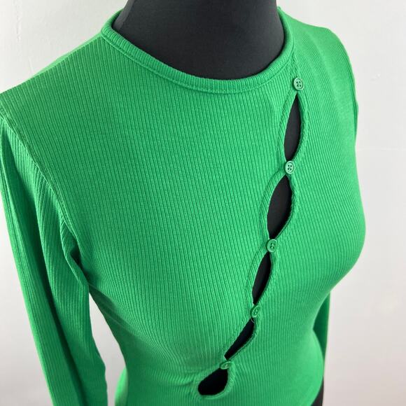 NASTY GAL Green Diagonal Cut Out Ribbed Knit Long Sleeve Top Fitted Night Out 4 - Picture 4 of 8